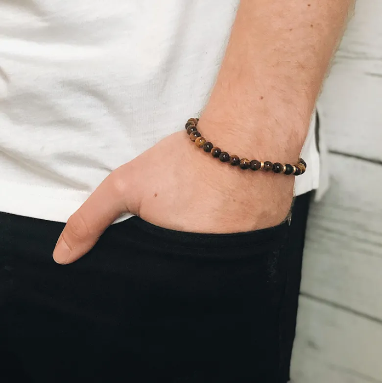 By Billgren Beadsarmband, Tigeröga + Onyx, brun/svart/guld – 8162