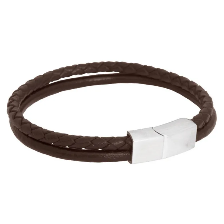 By Billgren Läderarmband Flätat dubbel/stål, Brun/Silver – 8110