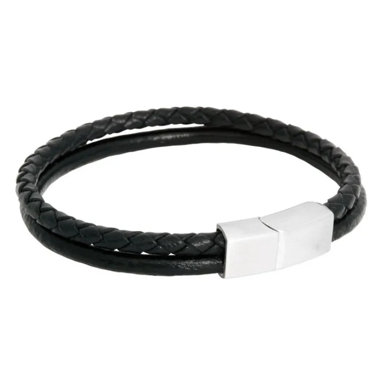 By Billgren Läderarmband, Flätat dubbel/stål, Svart/Silver – 8109